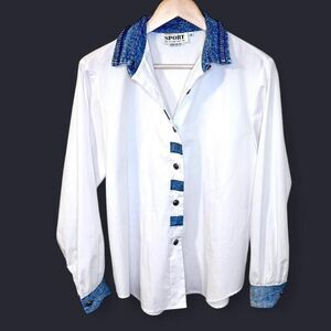 Vintage Western Button Up Shirt w/ Denim Collar and Cuffs White Southwestern